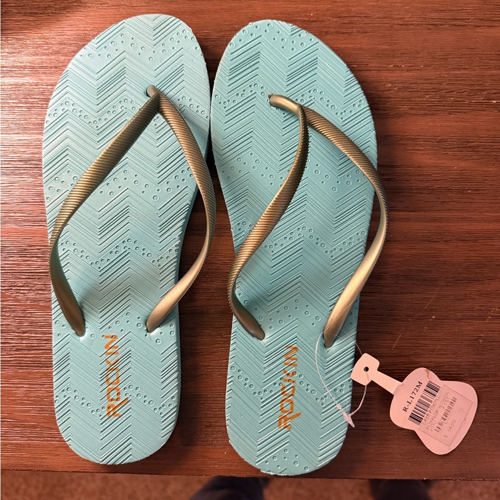 Rockin Women's Teal and Silver rubber sole flip flops